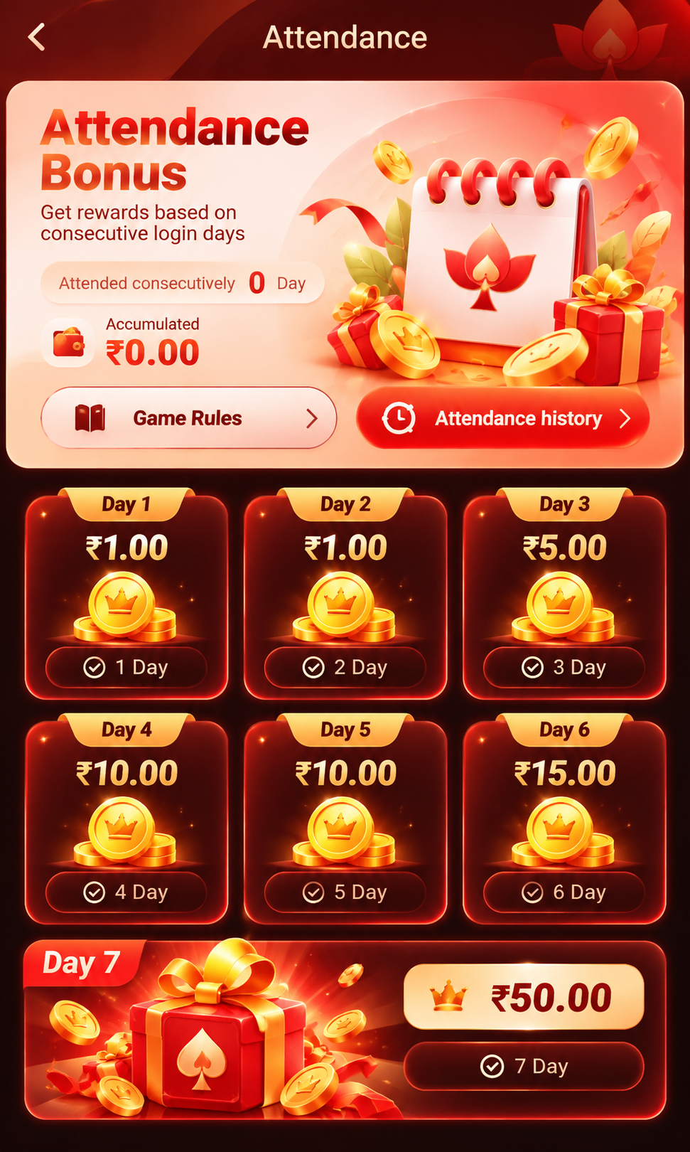DMPlay Daily Attendance Bonus reference showing consecutive login rewards