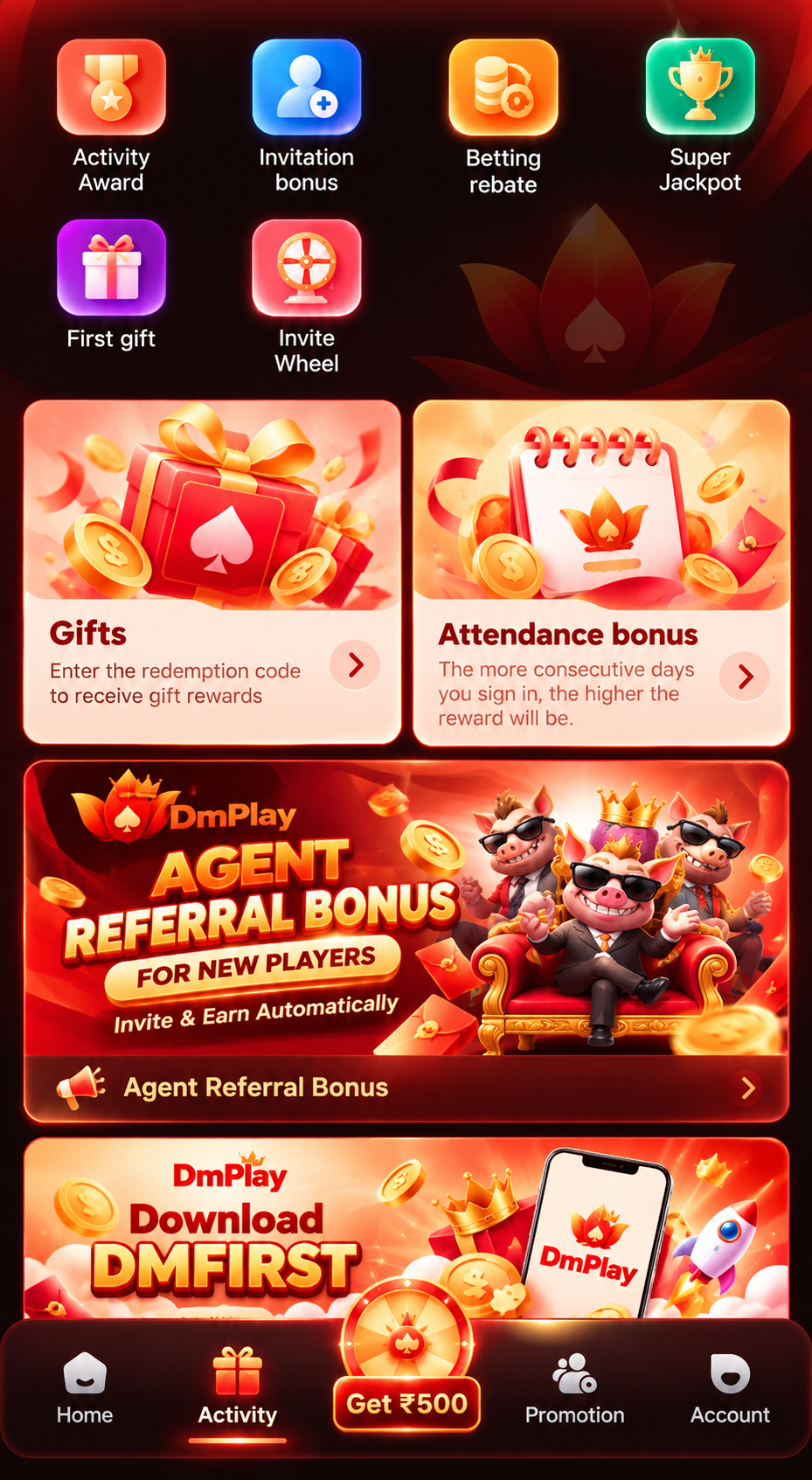 DMPlay Activity section showing Gifts, Attendance bonus and Invite Wheel