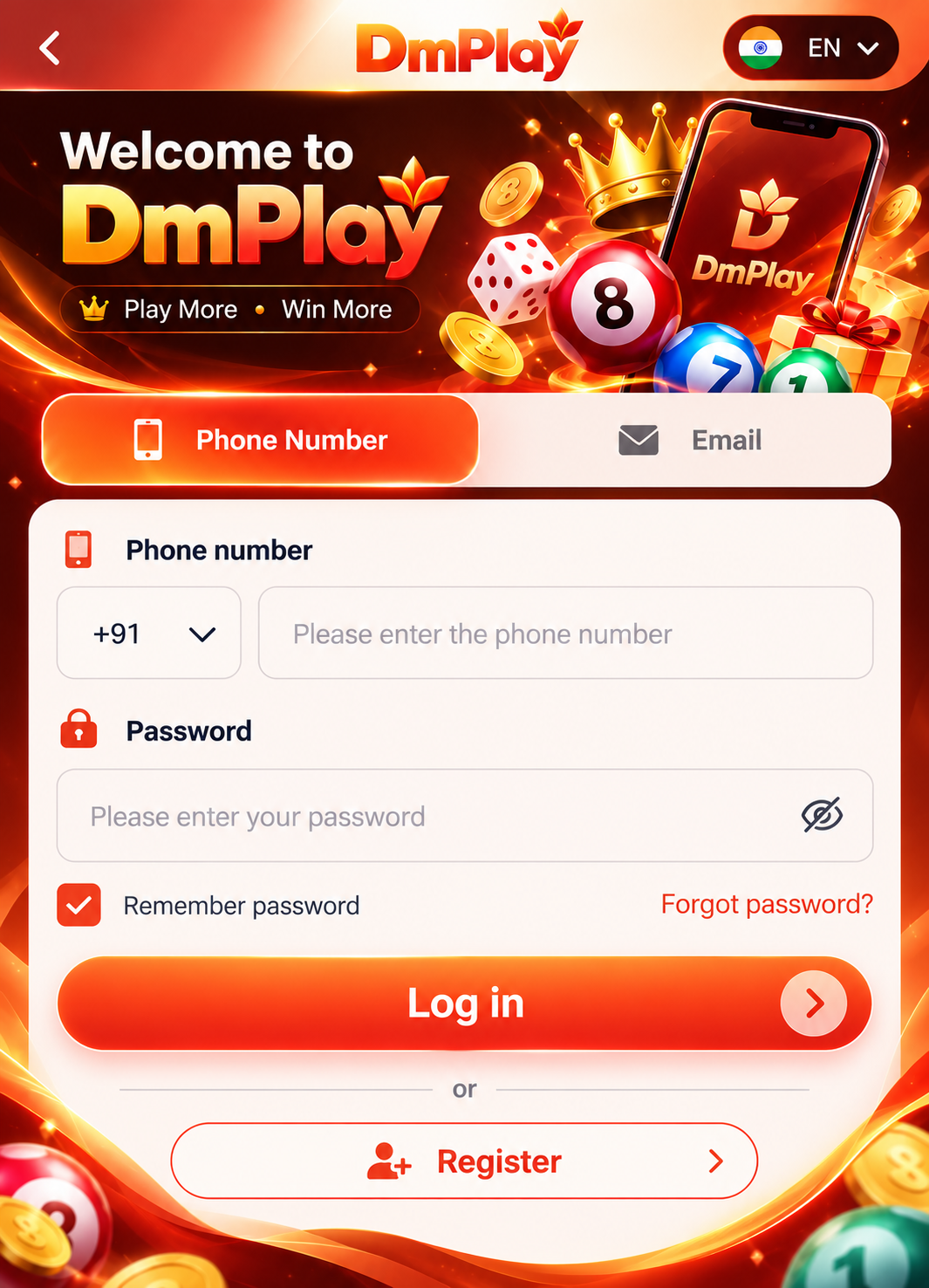 Dmplay login reference screen with phone, email and password fields
