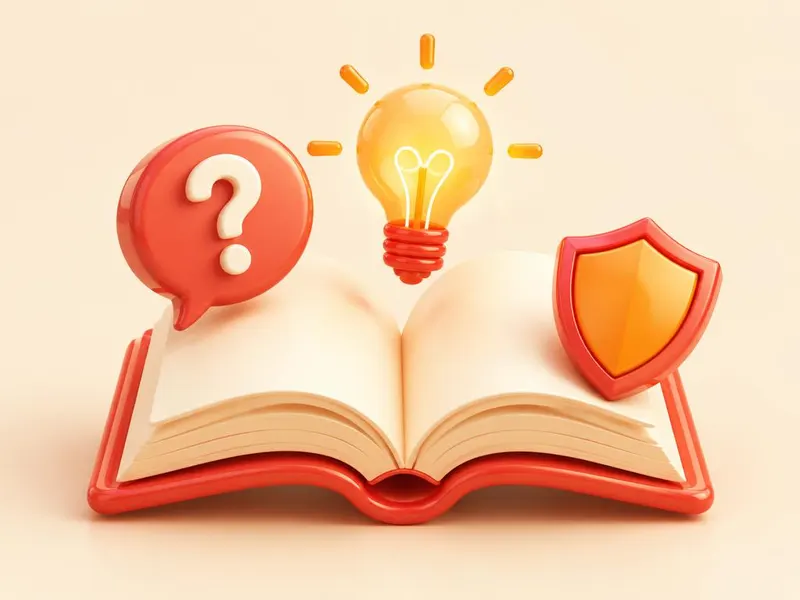 Open book with a question mark bubble, a lightbulb and a shield